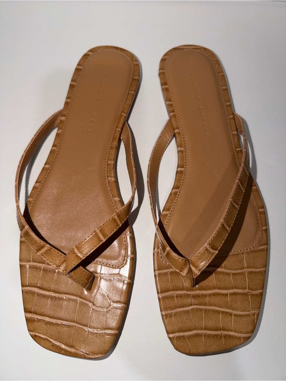 STUDIO AMELIA Croc-Embossed Tan Slide Sandals